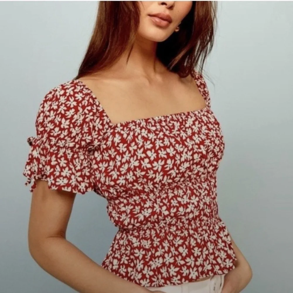 Reformation Red Floral Smocked Peplum Top